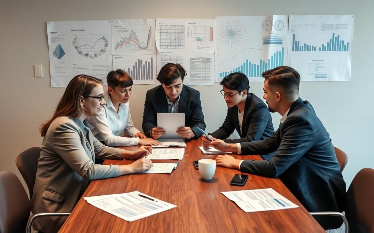 Groupe de personnes discutant autour d'une table avec des documents financiers, illustrant la collaboration dans une société transparente, avec en arrière-plan des graphiques flous sur un mur.